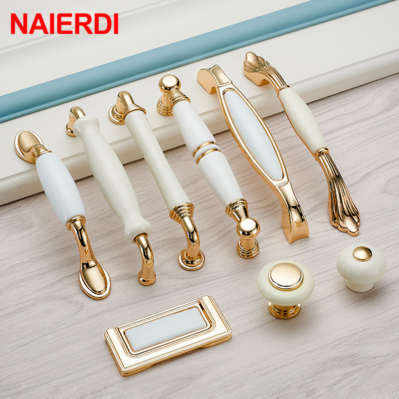 Furniture Hardware Gold - NAIERDI Gold White Creamic Cabinet Handles